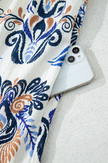 Sky Blue Plus Size Boho Print Split Neck Long Sleeve Mini Dress