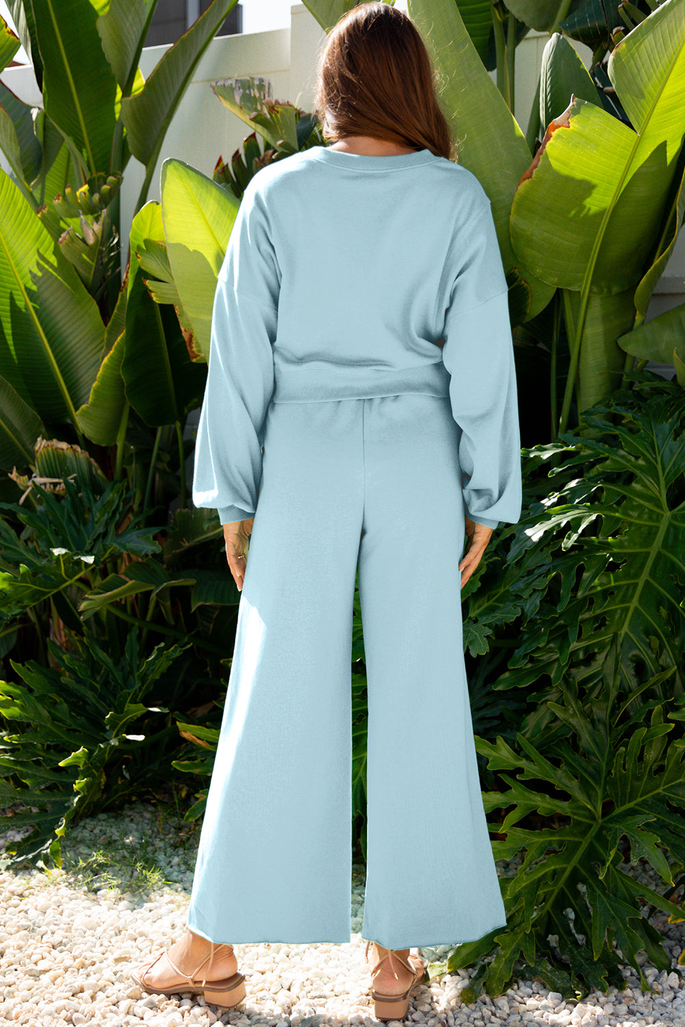 Drop Shoulder Puff Sleeve Crop Pullover Drawstring Wide Leg Pants Set