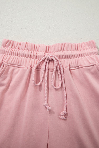 Light Pink Solid Color Loose Tee Drawstring Wide Leg Pants 2pcs Outfit