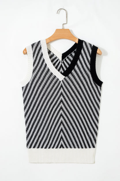 Black Contrast Chevron Knit V Neck Sweater Vest