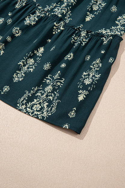 Blue Boho Floral Print Lettuce Trim 3/4 Sleeve Mini Dress