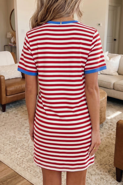 Stripe Nautical Tie Contrast Trim Round Neck T Shirt Mini Dress