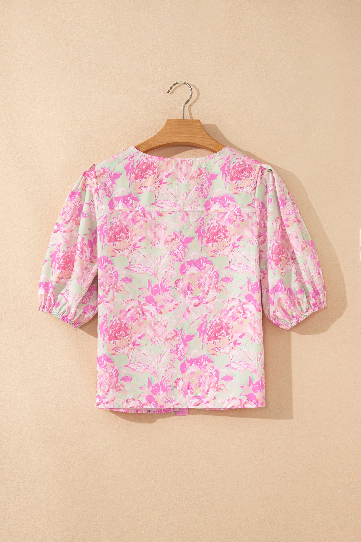 Pink Ribbon Knot Front Floral Short Puff Sleeve Blouse