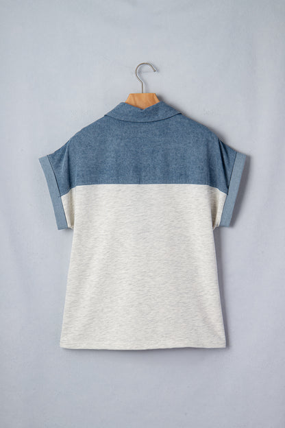 Light Grey Color Block Denim Patchwork Button Polo Collar Short Sleeve Top