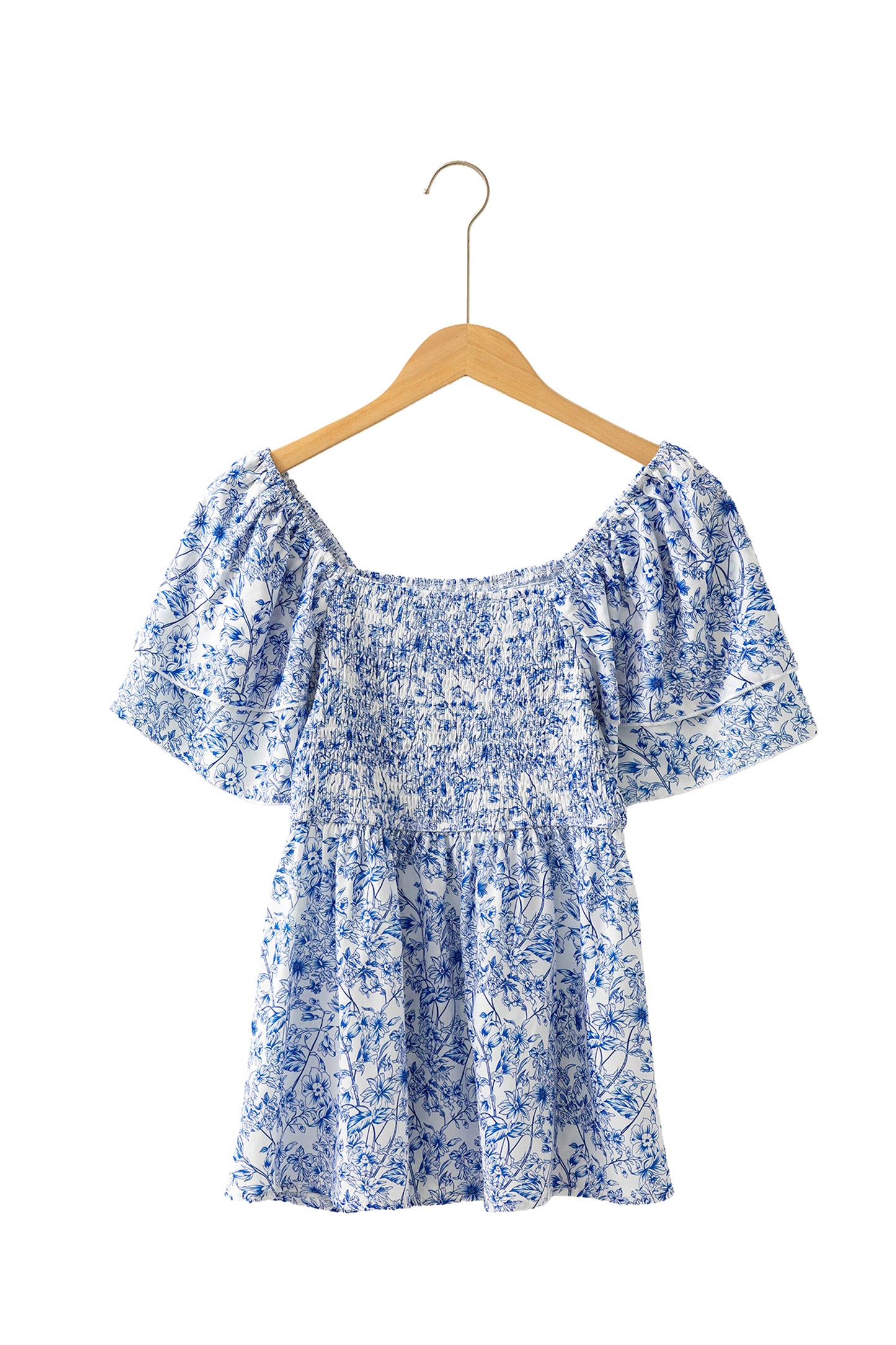 Floral Print Square Neck Ruffled Sleeve Shirred Babydoll Blouse