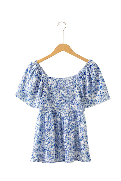 Floral Print Square Neck Ruffled Sleeve Shirred Babydoll Blouse