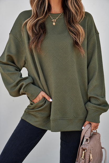 Solid Color Textured Round Neck Drop Shoulder Pullover Sweatshirt