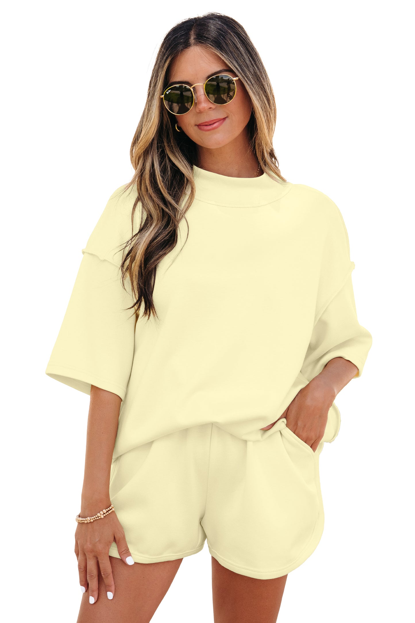Solid Color Exposed Seam Mock Neck Oversize Tee Casual Shorts 2pcs Outfit
