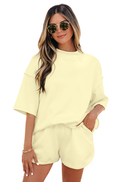 Solid Color Exposed Seam Mock Neck Oversize Tee Casual Shorts 2pcs Outfit