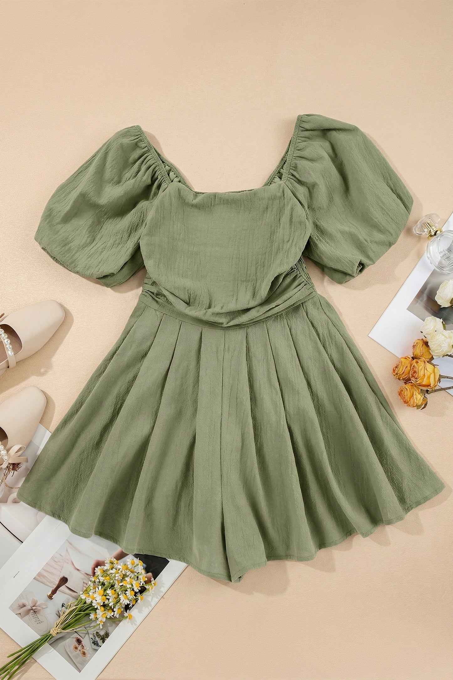 Square Neck Ruched Puff Sleeve Romper