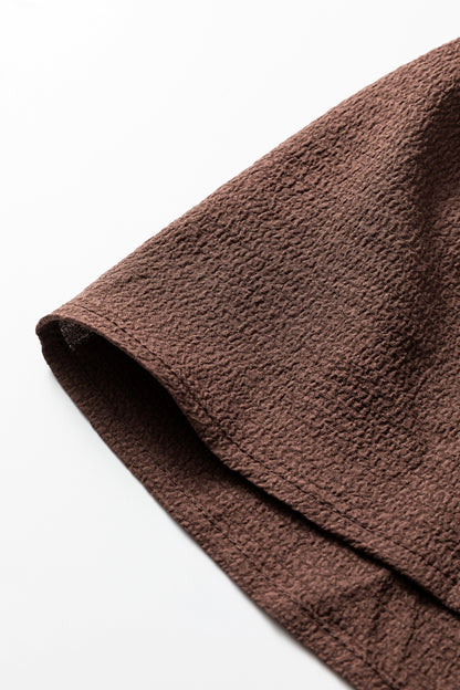 Coffee Plus Size Frilled Trim V Neck Puff Sleeve Textured Mini Dress