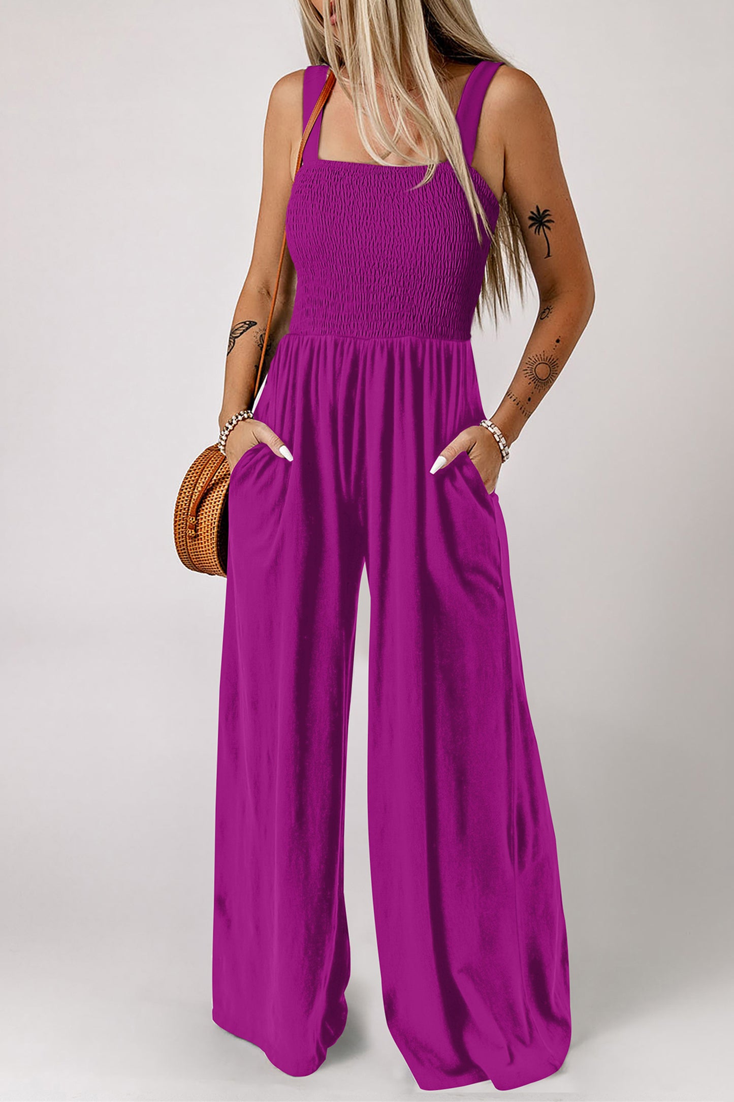 Smocked Square Neck Sleeveless Jumpsuit with Pockets
