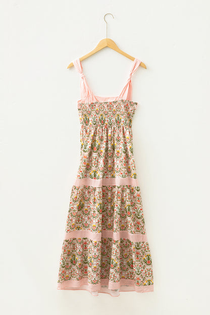 Geometric Floral Print Striped Patchwork Detail Sleeveless Dress
