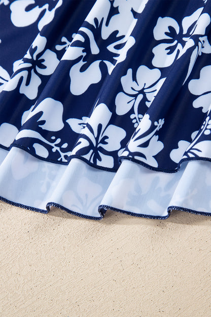 Navy Blue Color Block Patchwork Bow Knot Detail Sleeveless Swim Dress