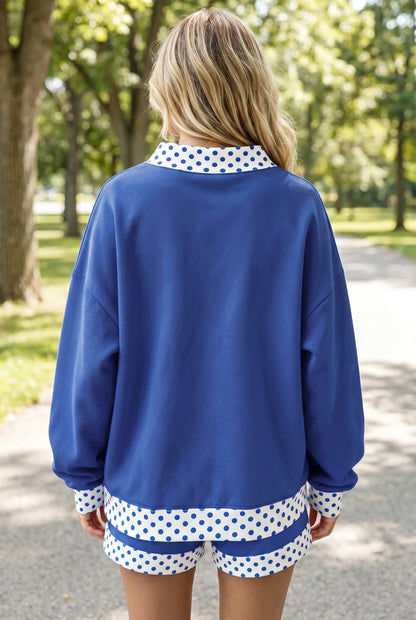 Polka Dot Trim Baggy Pullover 2pcs Short Set