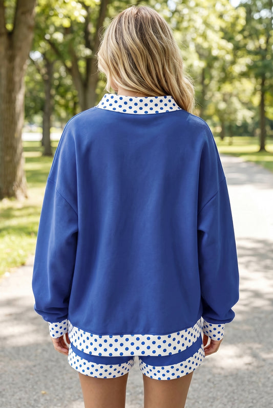 Polka Dot Trim Baggy Pullover 2pcs Short Set