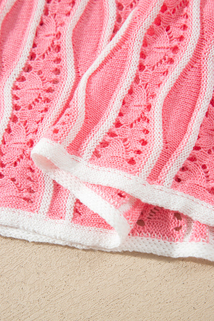 Wavy Detail Hollow Out Knit Long Sleeve Cotton Pullover Sweater