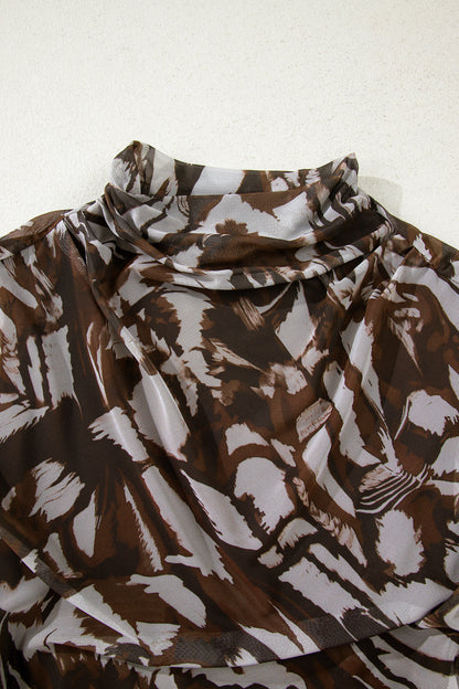 Brown Abstract Print Mesh Cowl Neck Cap Sleeve Ruched Midi Dress with Slit