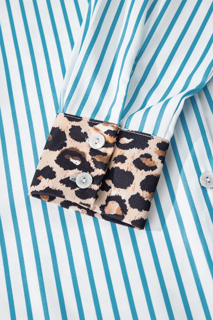 Brown Stripe Contrast Leopard Patchwork Long Shirt Dress with Slits