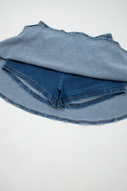 Ashleigh Blue Denim Pearl Embellished Elastic Waist Mini Skort