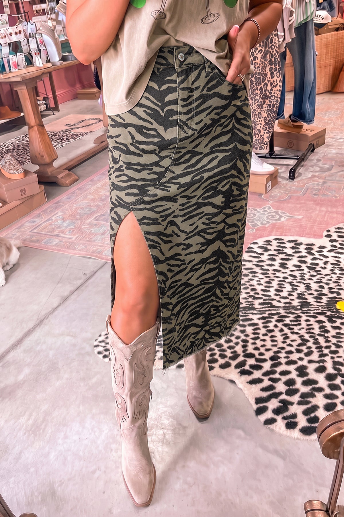 Leopard Print Side Split Frayed Hem Denim Midi Skirt