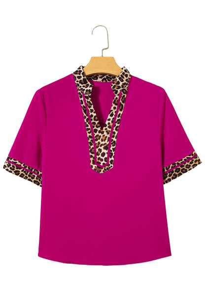 Leopard Patchwork Trim Split Neck Short Sleeve Blouse