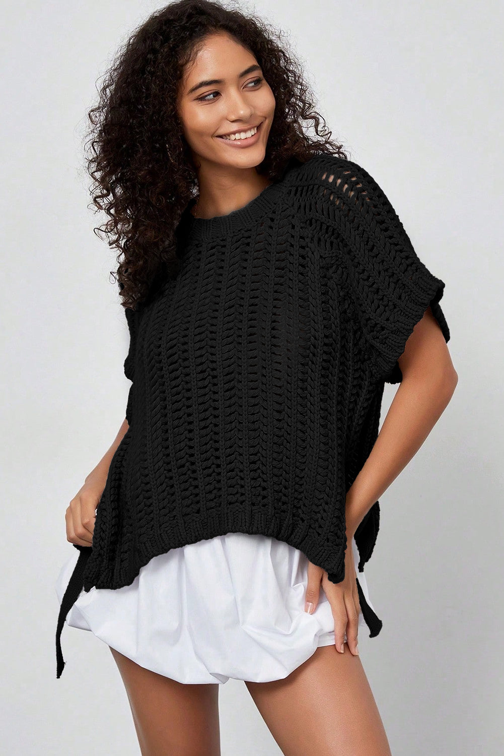 Ashleigh Blue Plus Size Open Knit Bow Tie Short Sleeve Sweater