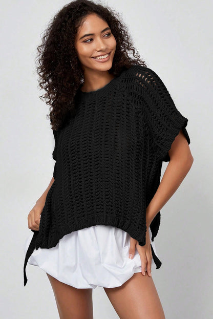 Ashleigh Blue Plus Size Open Knit Bow Tie Short Sleeve Sweater