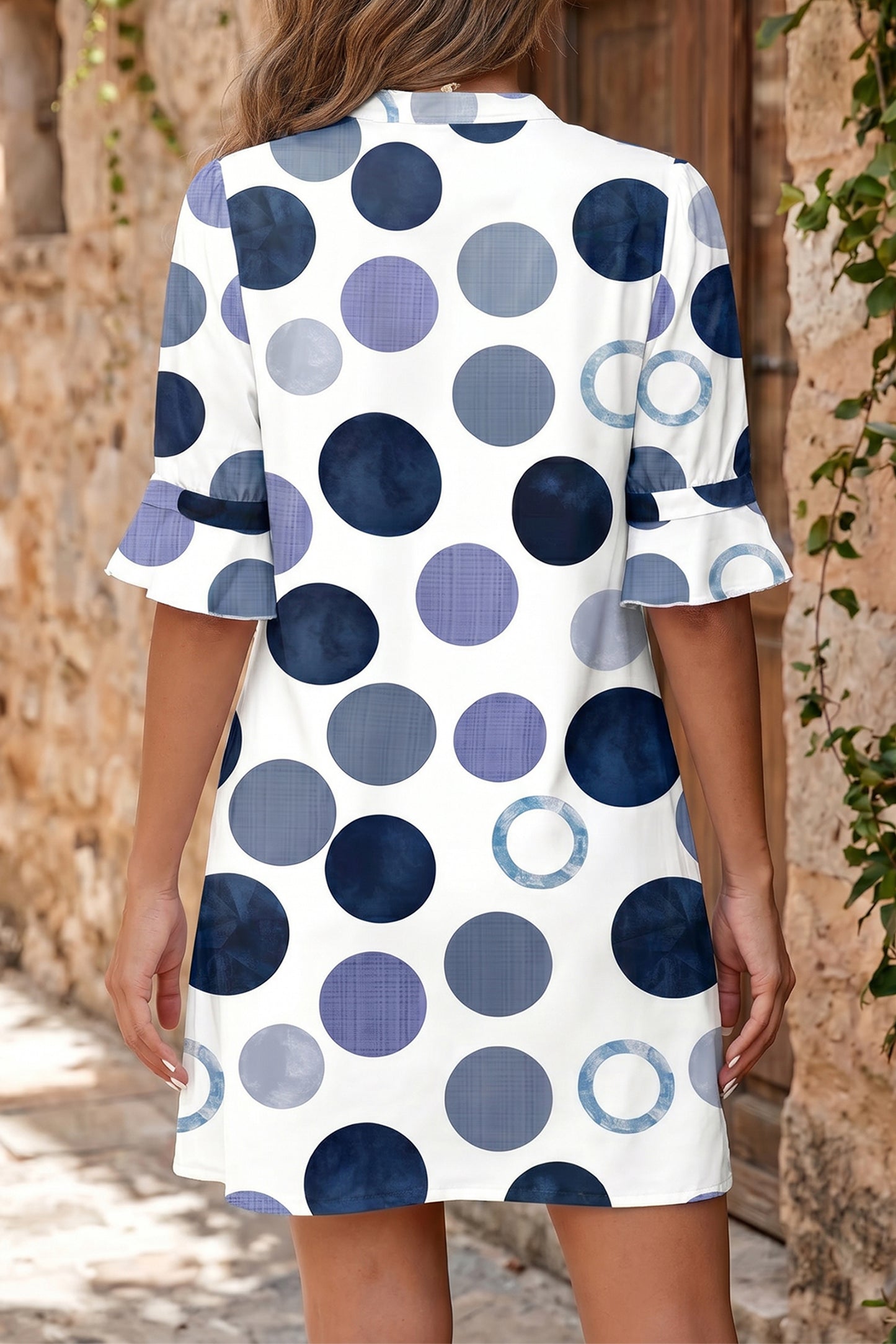 Polka Dot Print Flounced Half Sleeve Casual Vacation Style Mini Dress
