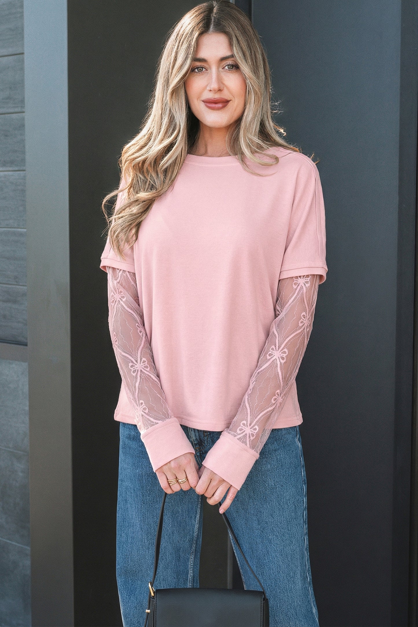 Solid Color Bow Textured Patchwork Long Sleeve Tee