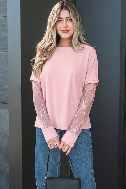 Solid Color Bow Textured Patchwork Long Sleeve Tee