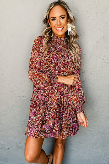 Red Floral Print Long Sleeve Shirred High Neck Loose Mini Dress