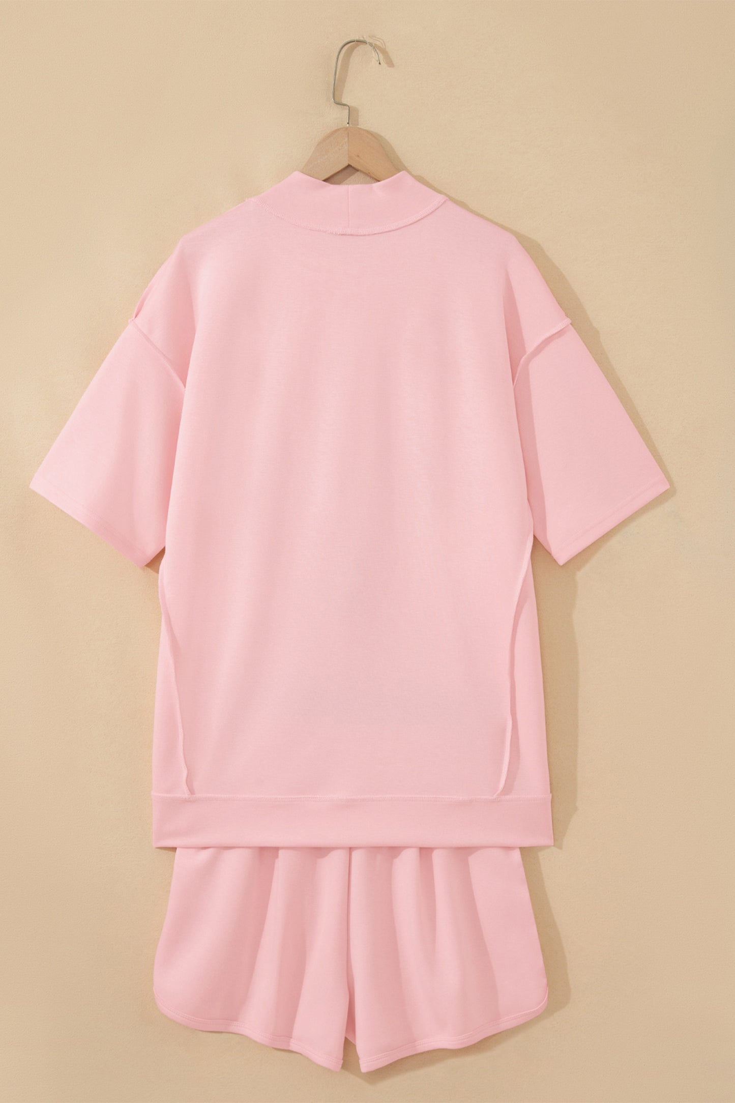 Solid Color Exposed Seam Mock Neck Oversize Tee Casual Shorts 2pcs Outfit