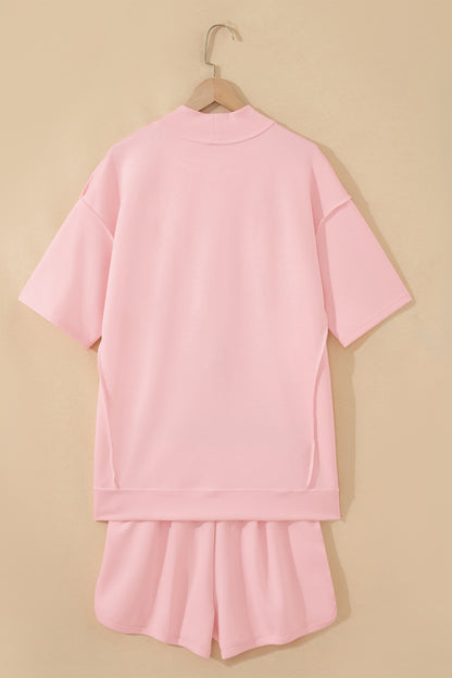 Solid Color Exposed Seam Mock Neck Oversize Tee Casual Shorts 2pcs Outfit