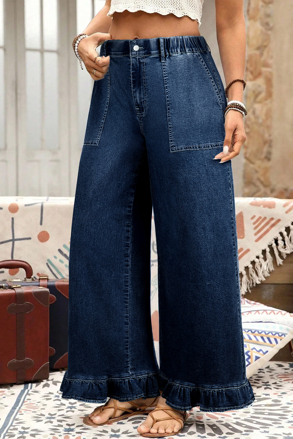 Black Plus Size Elastic Waist Ruffled Wide Leg Denim Pants