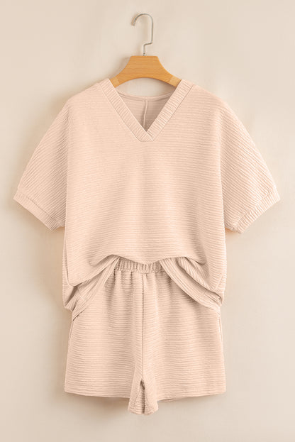 Textured V Neck T Shirt and Shorts Set