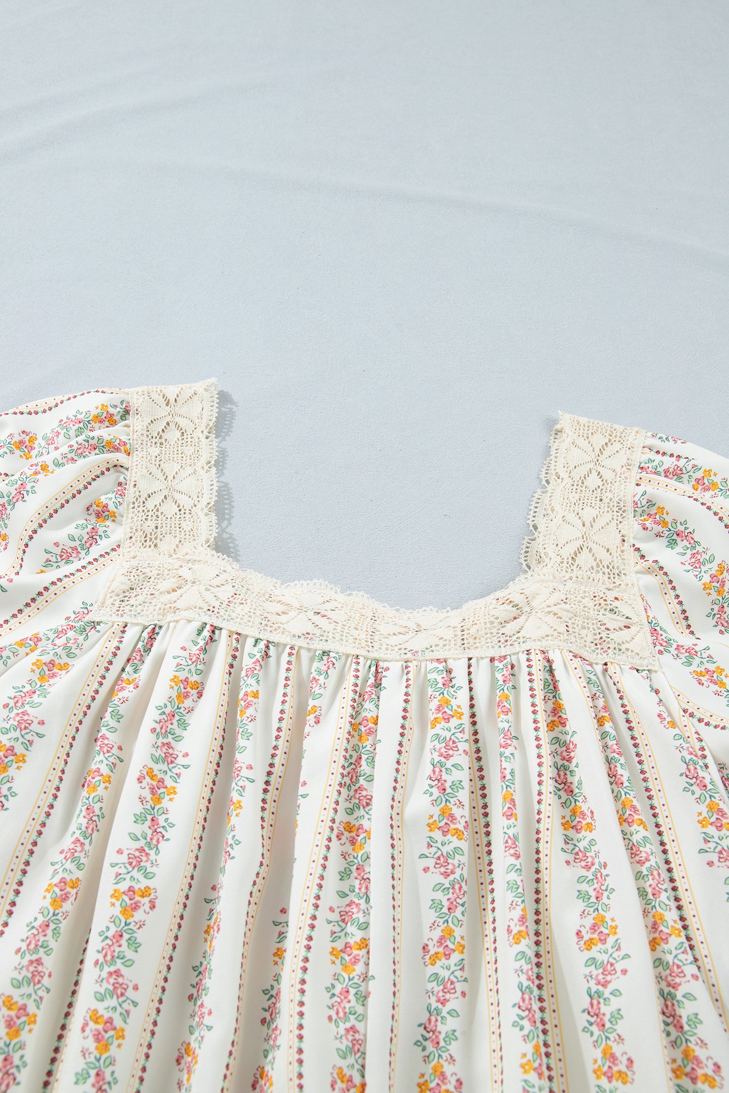 Multicolour Floral Print Contrast Ribbon Bow Lace Trim Square Neck Mini Dress