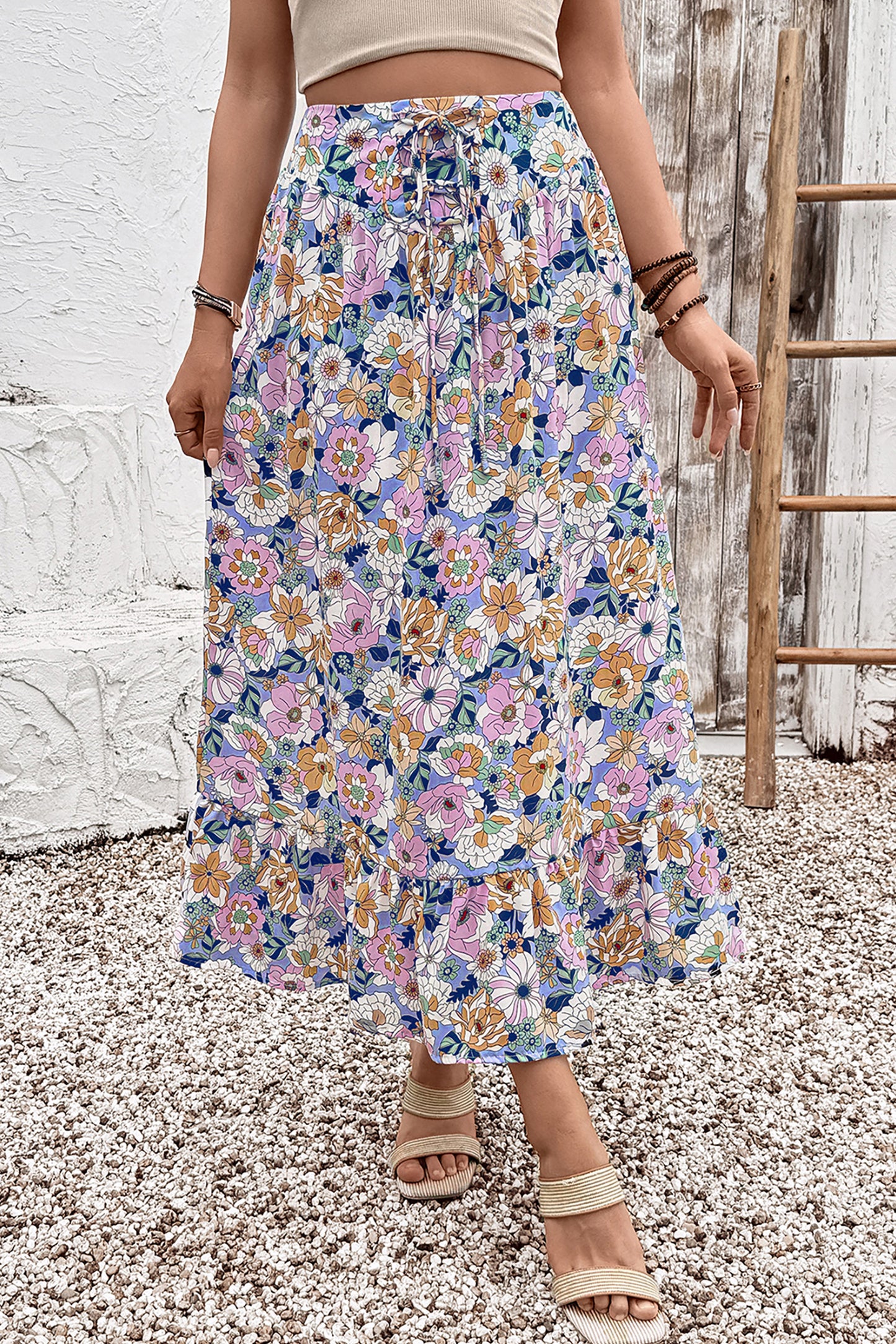 Pink Floral Print Lace-up High Waist Ruffle Hem Maxi Skirt