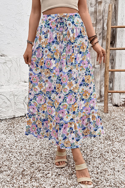 Pink Floral Print Lace-up High Waist Ruffle Hem Maxi Skirt