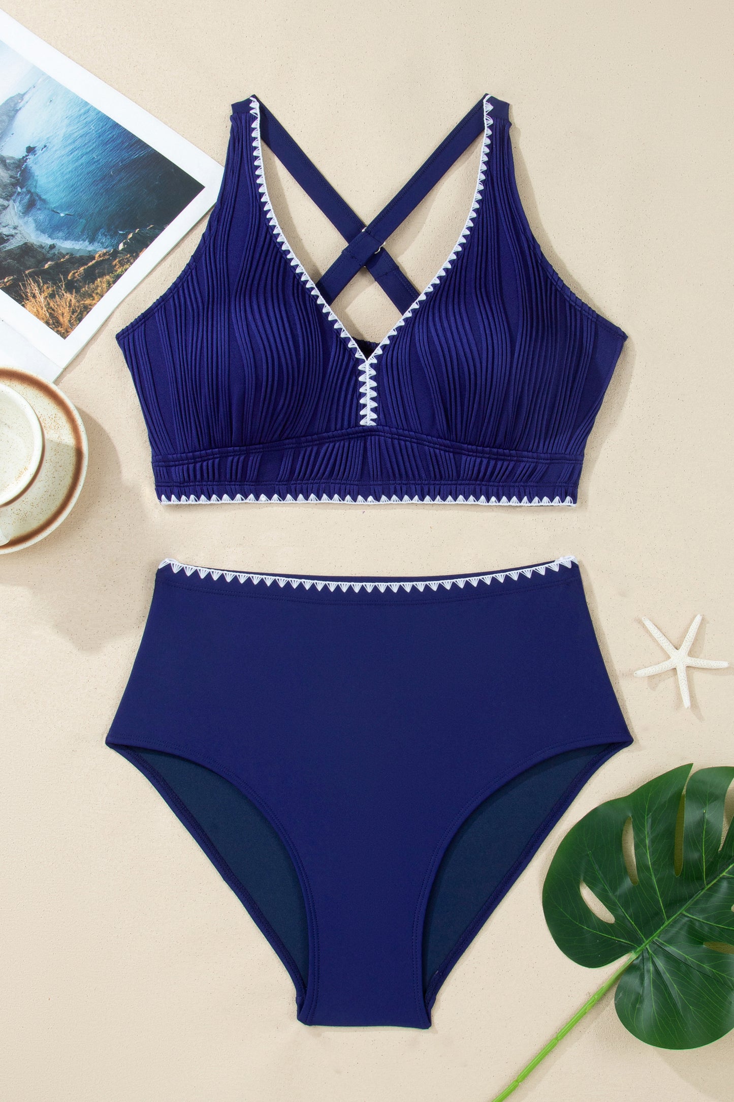 Shell Stitched Trim V Neck Textured Mix and Match High Waist Bikinis