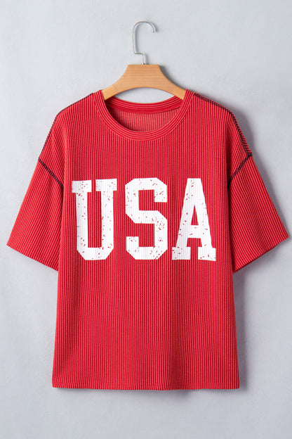 USA Graphic Half Sleeve Loose Ribbed Top