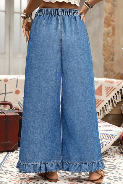 Black Plus Size Elastic Waist Ruffled Wide Leg Denim Pants