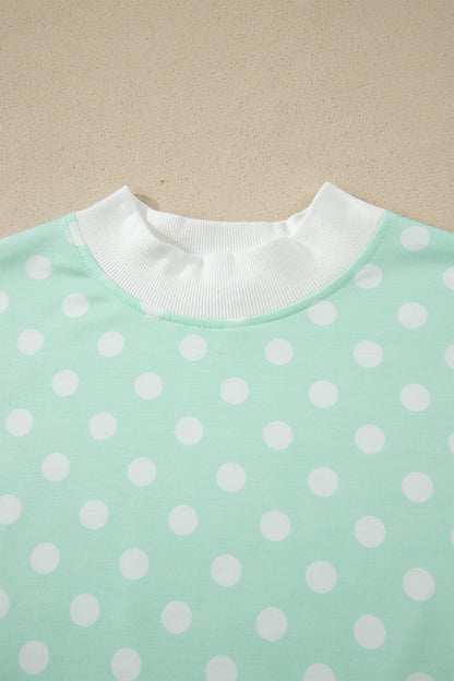 Polka Dot Print Color Block Trim Mock Neck Short Set