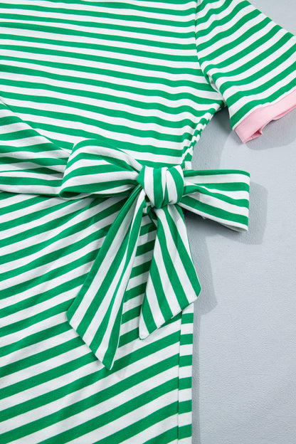 Stripe Nautical Tie Contrast Trim Round Neck T Shirt Mini Dress