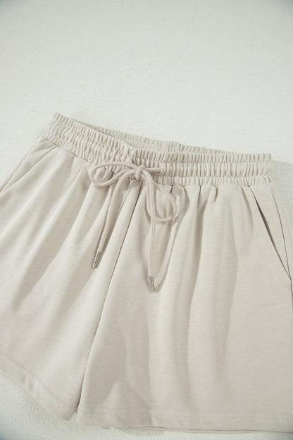 Solid Color Puffy Loose Top Drawstring Shorts 2pcs Outfit