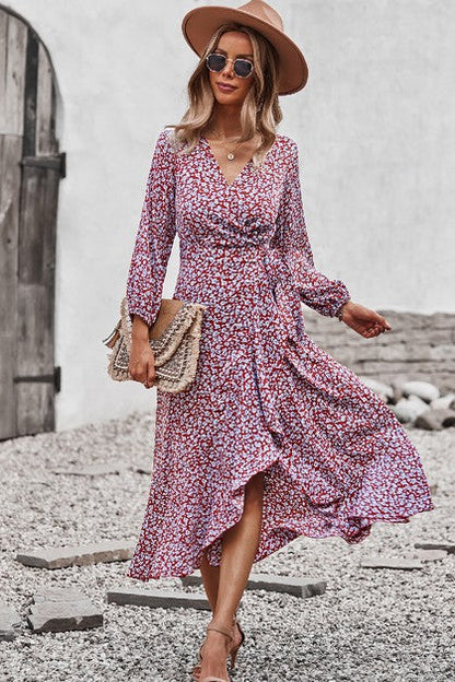 Ditsy Floral Vneck Ruffled Hem Wrap Midi Dress