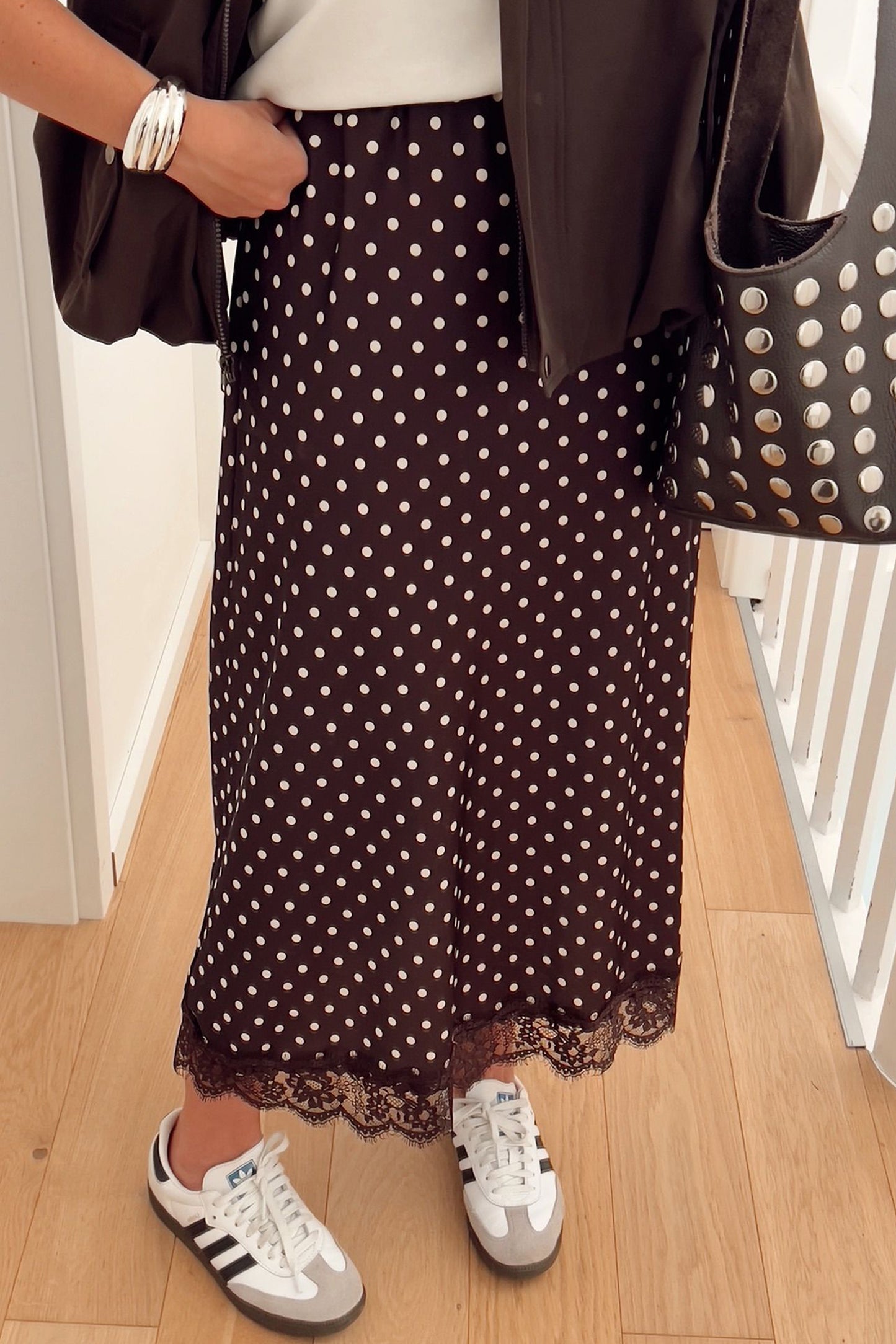 Polka Dot Lace Hem Elegant Long Shift Skirt