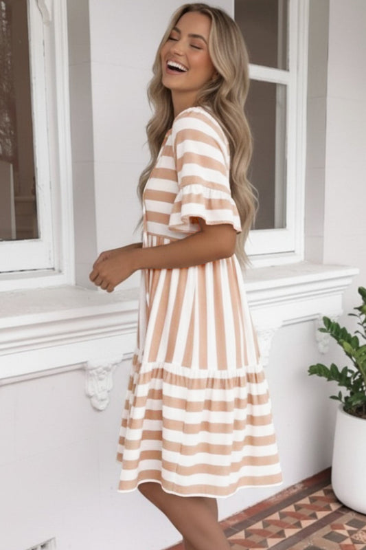 Stripe Tie V Neck Ruffle Trim Short Sleeve Flared Summer Dress