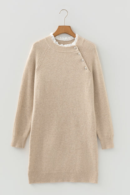 Parchment Button Lace Detail Raglan Sleeve Shift Mini Sweater Dress