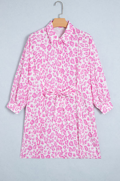 Pink Abstract Leopard Print Tie Waist Puff Sleeve Mini Shirt Dress